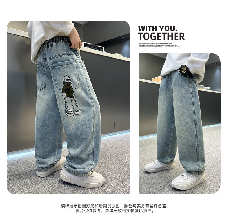 Teenage Boys Baggy Jeans Casual Loose Style Cartoon Denim Pants Straight Fit Elegant Child Jeans Trousers New Design Kids