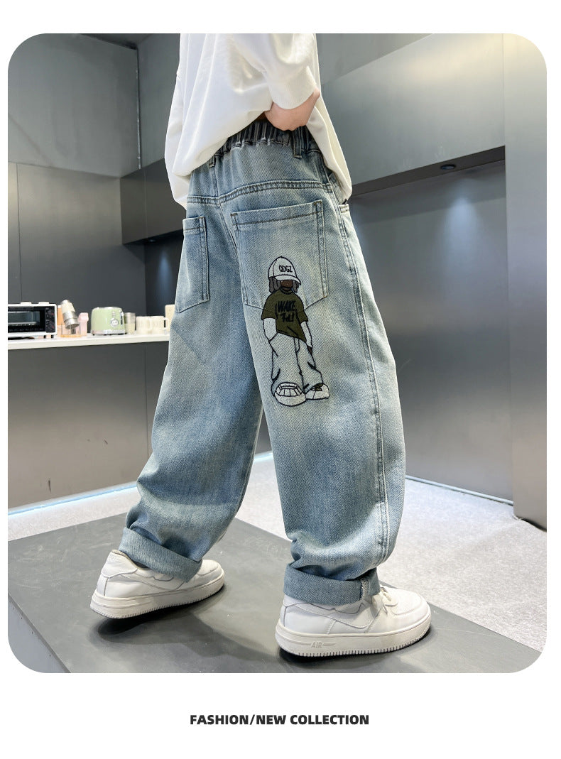 Teenage Boys Baggy Jeans Casual Loose Style Cartoon Denim Pants Straight Fit Elegant Child Jeans Trousers New Design Kids