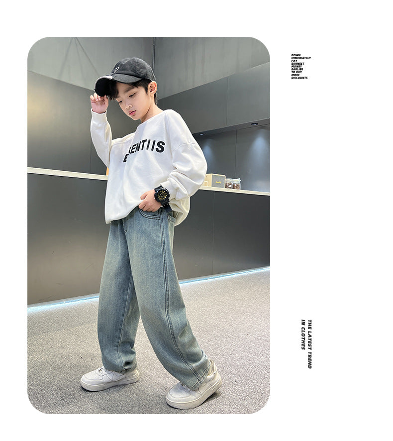 Teenage Boys Baggy Jeans Casual Loose Style Cartoon Denim Pants Straight Fit Elegant Child Jeans Trousers New Design Kids