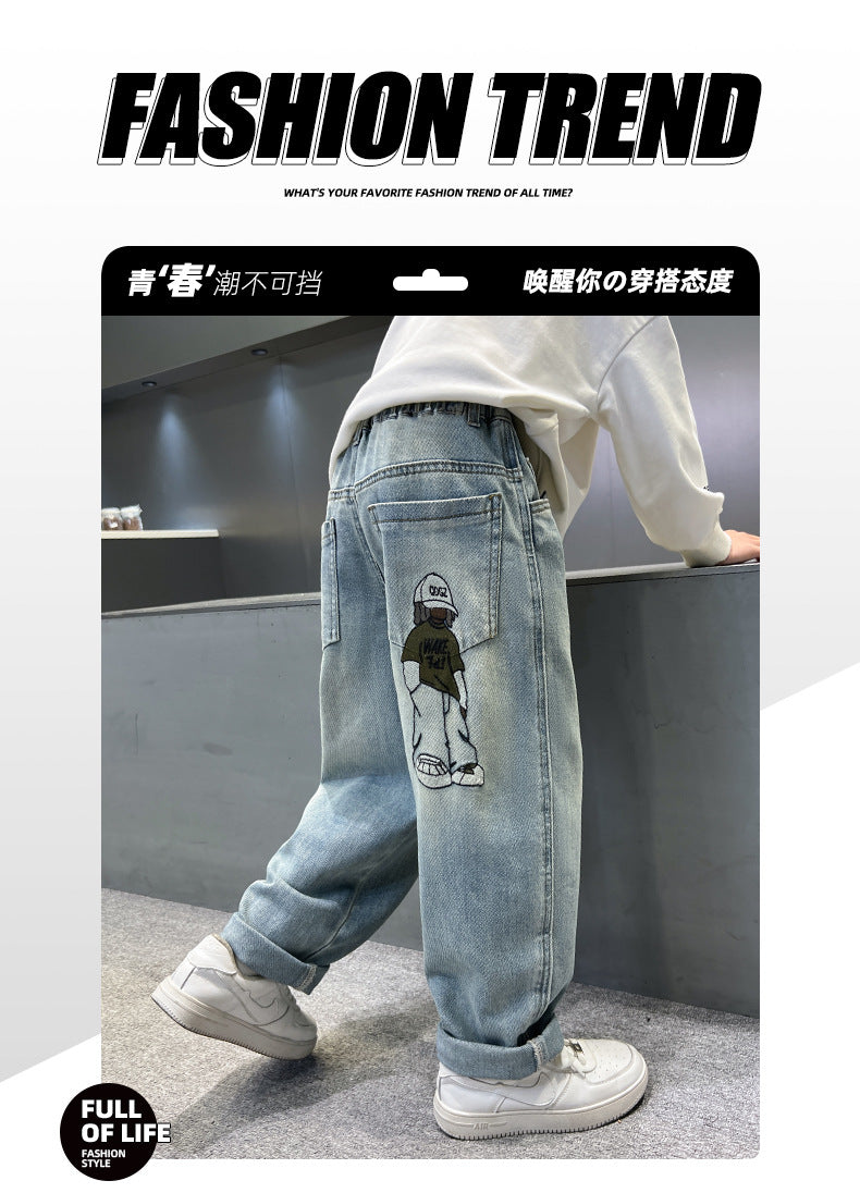 Teenage Boys Baggy Jeans Casual Loose Style Cartoon Denim Pants Straight Fit Elegant Child Jeans Trousers New Design Kids