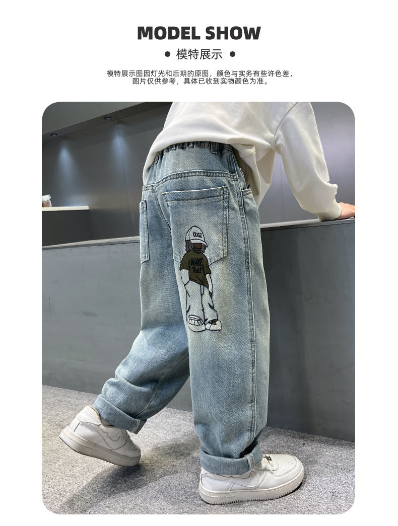 Teenage Boys Baggy Jeans Casual Loose Style Cartoon Denim Pants Straight Fit Elegant Child Jeans Trousers New Design Kids