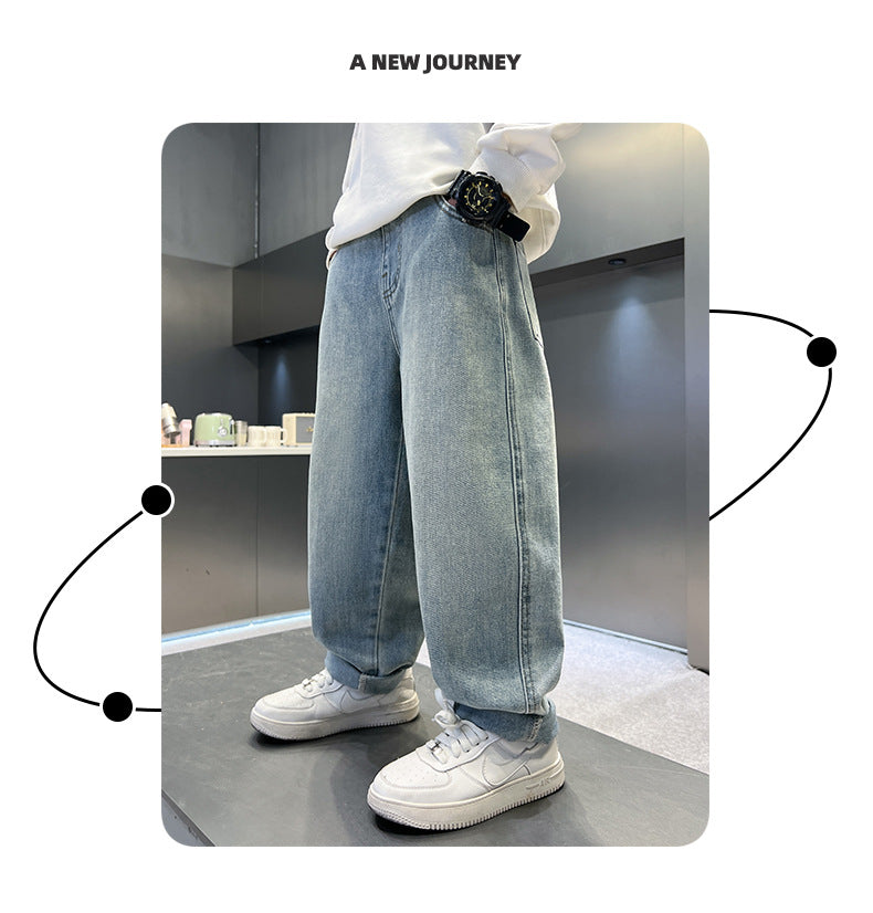 Teenage Boys Baggy Jeans Casual Loose Style Cartoon Denim Pants Straight Fit Elegant Child Jeans Trousers New Design Kids