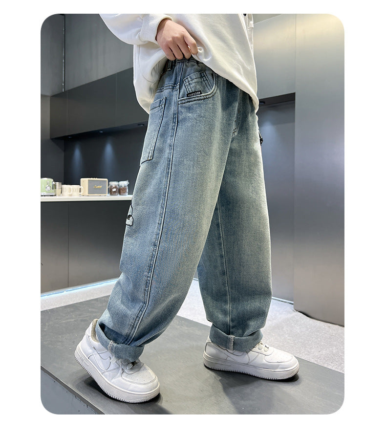 Teenage Boys Baggy Jeans Casual Loose Style Cartoon Denim Pants Straight Fit Elegant Child Jeans Trousers New Design Kids