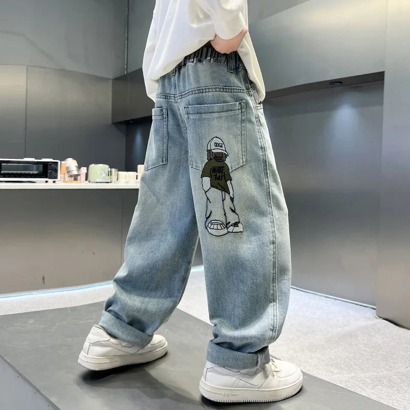 Teenage Boys Baggy Jeans Casual Loose Style Cartoon Denim Pants Straight Fit Elegant Child Jeans Trousers New Design Kids