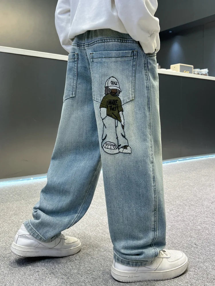Teenage Boys Baggy Jeans Casual Loose Style Cartoon Denim Pants Straight Fit Elegant Child Jeans Trousers New Design Kids
