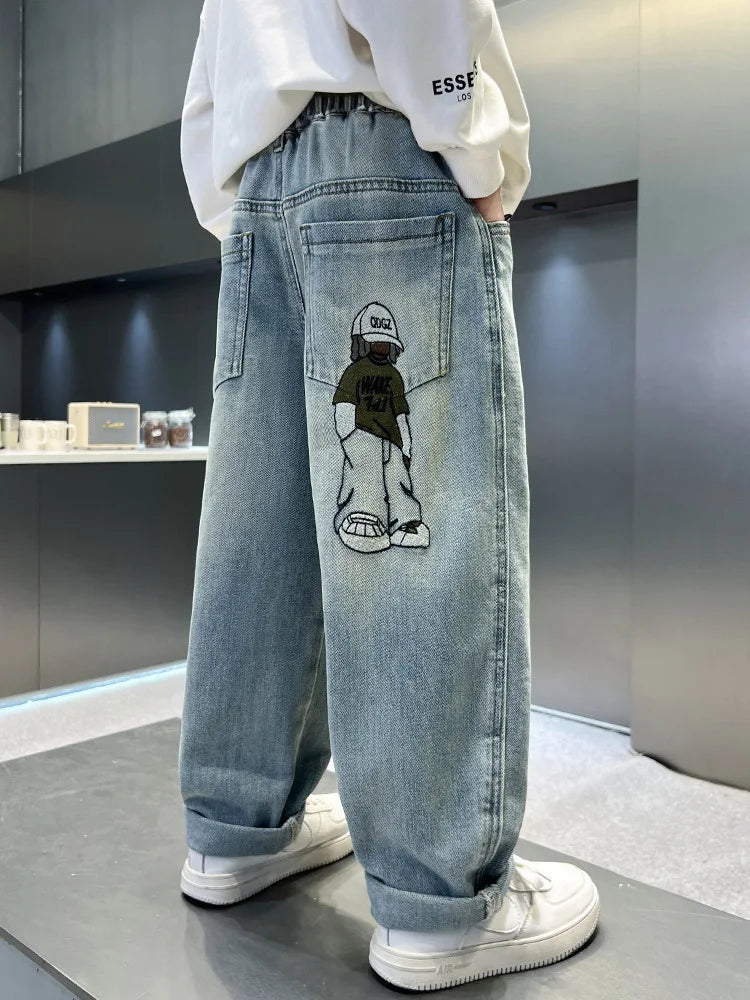 Teenage Boys Baggy Jeans Casual Loose Style Cartoon Denim Pants Straight Fit Elegant Child Jeans Trousers New Design Kids