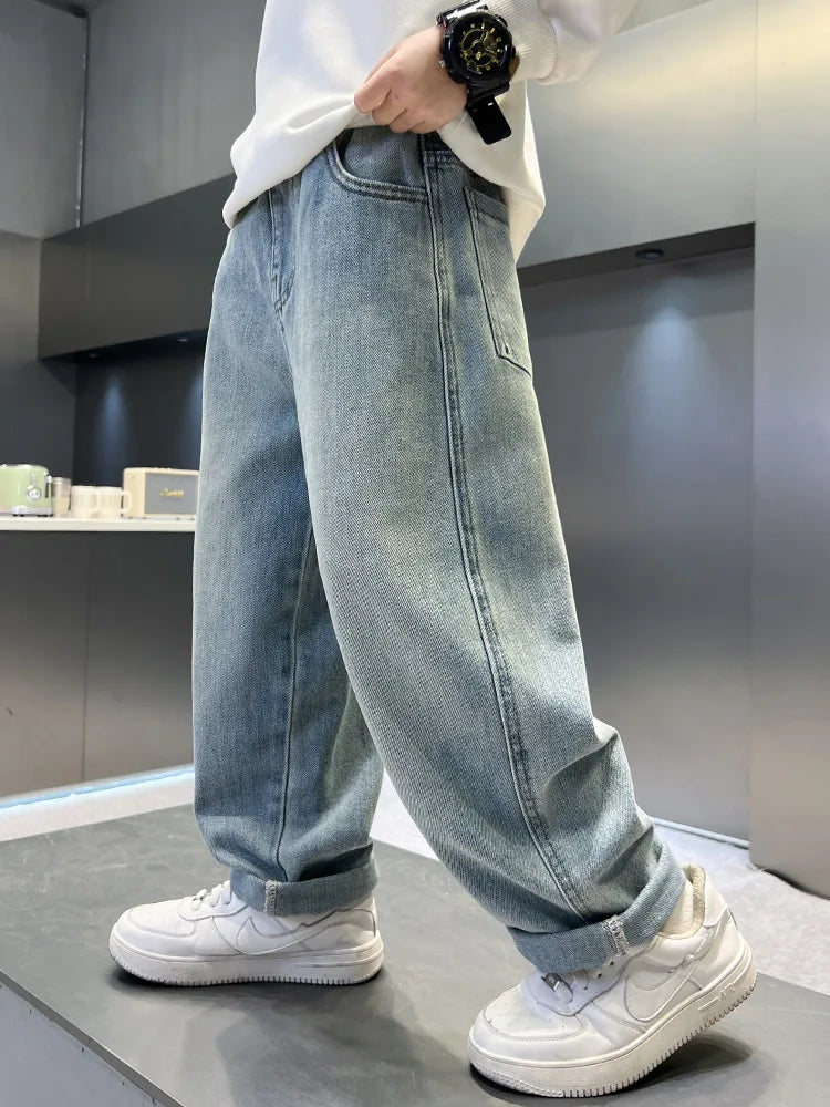 Teenage Boys Baggy Jeans Casual Loose Style Cartoon Denim Pants Straight Fit Elegant Child Jeans Trousers New Design Kids