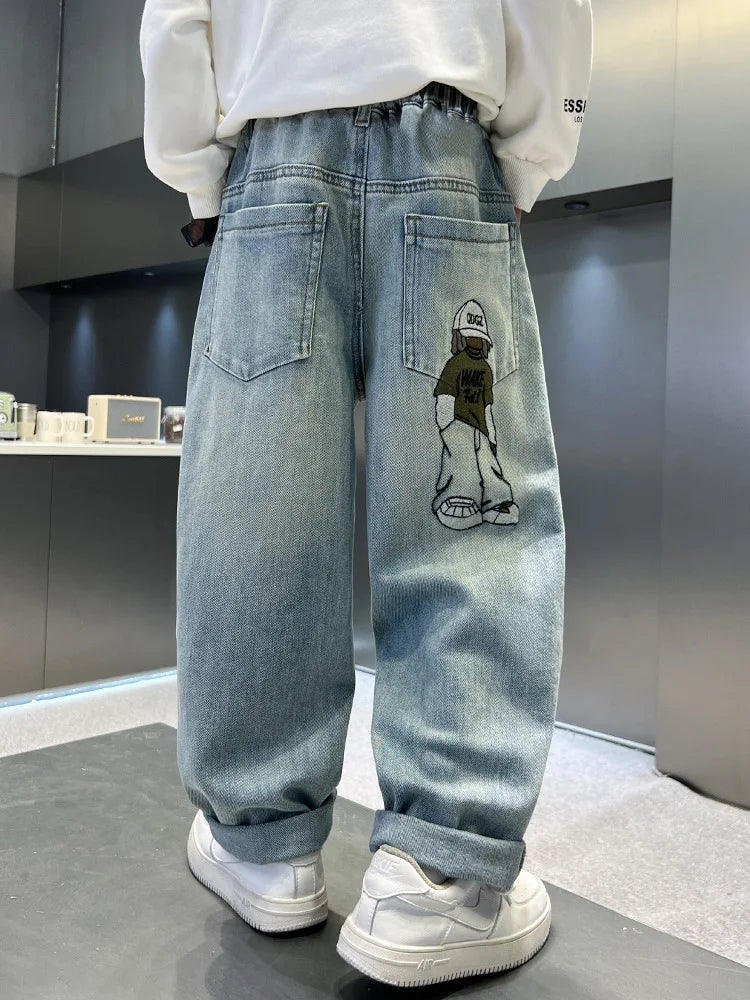 Teenage Boys Baggy Jeans Casual Loose Style Cartoon Denim Pants Straight Fit Elegant Child Jeans Trousers New Design Kids